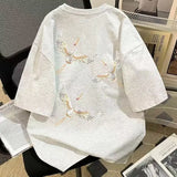 Wiaofellas  -  Pure Cotton National Trend Crane Print Short-sleeved T-shirt Retro Loose Top