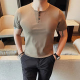 WIAOFELLAS  -  Summer Cotton Round Neck Men's Casual T-shirt Fashion Business Slim Fit Short Sleeve Elastic Solid Color Tees Tops Streetwear