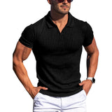 Wiaofellas  -  Men's Ribbed V-Neck Polo Shirt Summer Breathe Slim Fit Short Sleeve T-Shirt Men Casual Business Fashion T-Shirt