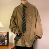 WIAOFELLAS  -  Corduroy Shirt Men Vintage Cargo Long Sleeve Shirt New Single Breasted 100% Cotton Shirts For Men Clothing Harajuku Black Shirt