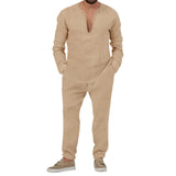 WIAOFELLAS  -  Spring Autumn Mens Suit Fashion Solid Color Casual T-Shirt Long Sleeve Cotton Linen V-Neck Shirt Long Pants Two-Piece Set
