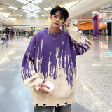 Wiaofellas  -  Winter Tie Dye Sweater Men Warm Hole Sweater Men Jumper Clothes Streetwear Loose Long Sleeved Sweater Mens Knitted Pullover