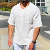 WIAOFELLAS  -  Retro Solid Color Button-up Cardigan Tops Men Casual Breathable Short Sleeve Shirts Mens Spring Summer Fashion Loose Shirt