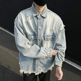 WIAOFELLAS  -  Niche Design Men's Denim Coats Solid Color Holes Raw Edge Pocket Single Breasted Casual Menswear Loose Male Jackets