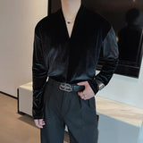 WIAOFELLAS  -  New Autumn Trend High Elasticity Ribbed Knitted Long Sleeve T-shirt men Temperament V-neck Versatile T-shirt casual Base Shirt