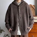 Wiaofellas  -  New Korean Fashion Button Hoodie Cardigan For Man Y2K Retro Brown Knitted Sweaters High Street Casual Cardigans Knitwear