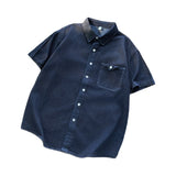 Wiaofellas  -  Summer Vintage Japanese Style Pocket Splicing Denim Short Sleeve Loose Washed Five Sleeve Workwear Shirt Trendy Unisex Casual