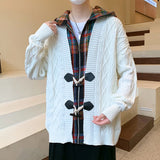 WIAOFELLAS  -  Korean Casual Checkered Hooded Sweater Holiday Style Fake Two-piece Jacket for Men New Autumn and Winter Cardigan for Teenagers