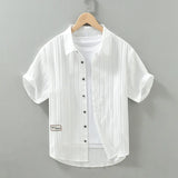Wiaofellas  -  Summer New Men's Short Sleeve Shirt Small Stand Collar Retro Casual Loose Half Sleeve Shirt Trendy Polyester Fiber Iron Free