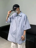 Wiaofellas  -  Zipper shoulder pad shirt men's short sleeve loose vibe high street shirt summer trend design feeling half sleeve daily jacket