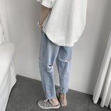 WIAOFELLAS  -  Korean Loose Straight Cylinder Hole Jeans Men Summer New Thin Style Trend Explosive Street Casual Solid Color All-match Pants