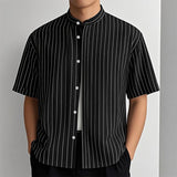 WIAOFELLAS  -  Men Striped Shirt Summer Stand Collar Short Sleeve Casual Men Clothing Streetwear 2025 Fashion Loose Male Shirts S-5XL