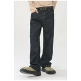 Wiaofellas  -  Men Korean Raw Denim Straight Jeans High Waist Loose Wide Leg Floor Length Trouser Vintage Baggy Streetwear Casual Daily Bottoms