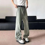 WIAOFELLAS  -  Simple Men's Casual Trousers Solid Color Washing Splicing Bottom Button Design Straight Wide Leg Loose Male Pants