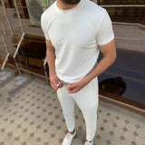 Wiaofellas  -  Men Casual Fashion Sports Knit Set Sexy Short Sleeve T-shirts Hip Hop O-collar Tops + Long Pants Two Piece Suit For Men Clothes