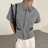 WIAOFELLAS  -  Men Striped Shirt Lapel Short Sleeve Pockets Men Clothing Streetwear Loose Button Korean Style Fashion Casual Male Tops