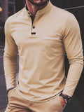 Wiaofellas  -  Men Stand Collar Henry Long Sleeve Polo Shirt Soft Fabric Pocket Casual Spring Daily Tops