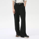 Wiaofellas  -  Fashion Men's Suit Pants Loose Belt Design Wide Leg Straight Casual Trousers Solid Color New Chic Summer 