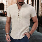 Wiaofellas  -  Men's Short Sleeve Linen Shirt Summer Lightweight Casual V-Neck T-Shirt Men Basic Solid Color Loose Fit Top