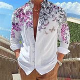 Wiaofellas  -  Casual Loose Fit Floral Butterfly Print Stand Collar Long Sleeve Shirt For Men Daily Wear