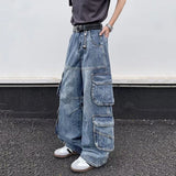 WIAOFELLAS  -  New Summer Men's Cargo Jeans Solid Color Large Multi Pockets Streetwear Straight Wide Leg Male Denin Pants Stylish