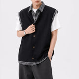 Wiaofellas  -  American Plaid Knitted Shirt Summer Short Sleeve Fake Two-Piece Design Korean Casual Top for Teenagers in Daily Wear