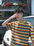 Wiaofellas  -  Hip Hop Striped T-shirt Men High Street Cec Harajuk Trend Short-sleeved Shirt Women Oversize Hong Kong Style Streetwear