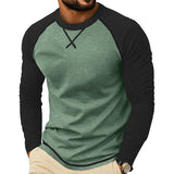 Wiaofellas  -  Men Color Block Raglan Long Sleeve T Shirts Crew Neck Curved Hem Casual Basic Undershirt Tops