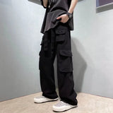 Wiaofellas  -  Trousers Man Wide Multi Pocket Cargo Pants For Men Grey Straight Multipockets Large Size With Comfortable Aesthetic Emo Cotton