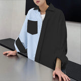 WIAOFELLAS  -  Men Shirt Striped Patchwork Lapel Long Sleeve Men Clothing Streetwear Korean Style Fashion Oversize Shirts Casual Tops