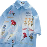 WIAOFELLAS  -  American Retro Waffle Colorful Floral Embroidered Shirt Men's Fashionable Short-sleeved Loose Lazy Style Casual Versatile Tops