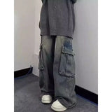WIAOFELLAS  -  American Retro Multi Pocket Workwear Jeans Men Women Spring High Street Loose Wide Leg Straight Leg Casual Pants Y2k Men Jeans
