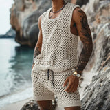 Wiaofellas  -  Beach Style Hollow Out Breathable Knitted Set Men Summer Sleeveless O Neck Tank Tops & Shorts Outfit Spring Solid Two Piece Suit