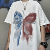 Wiaofellas  -  Men Boy Graffiti Butterfly Letters Print Shirt Loose Long Blouse Short Sleeve Summer Ins Korea Hip Hop Tops Lovers Streetwear