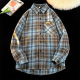 WIAOFELLAS  -  Vintage Long Sleeve Plaid Shirt for Men 2025 New Y2k Streetwear Harajuku Style Button Down Stylish Blouse Unisex Shirt