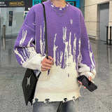 Wiaofellas  -  Winter Tie Dye Sweater Men Warm Hole Sweater Men Jumper Clothes Streetwear Loose Long Sleeved Sweater Mens Knitted Pullover