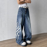 WIAOFELLAS  -  American Style Men's Jeans Printing Contrast Color Casual Wide Leg Bottom Straight Baggy Male Denim Pants Niche