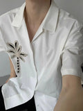 Wiaofellas  -  Men's White Short Sleeve Shirt Coconut Tree Embroidery Casual Summer Top