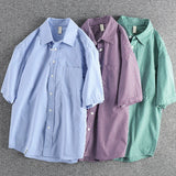 WIAOFELLAS  -  Summer small fresh retro striped short-sleeved shirt men's simple pocket design loose all matching youth thin shirt