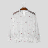 Wiaofellas  -  Men's T Shirt Mesh Flower Embroidery See Through Male Vests Streetwear Summer Sexy Long Sleeve O-neck Men Clothes
