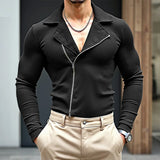 WIAOFELLAS  -  Men Shirt Lapel Long Sleeve Knitted Zipper Solid Color Men Clothing Streetwear Fashion Casual Male Shirts Camisas S-3XL