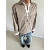 Wiaofellas  -  American Retro Old Money Style Contrasting V-neck Long-sleeved Shirt for Men Spring and Autumn Loose Fake Two-piece Shirt