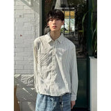Wiaofellas  -  Trendy Long Sleeve Bubble Cloth High Intelligence Sensation Stripe American Style Spring Autumn Shirt Coat Men Women Model