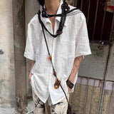 WIAOFELLAS  -  Fashion Men Solid Color Pleated Embroidery Lapel Loose Shirt Trendy Short Sleeve Single-breasted Shirts Male Summer