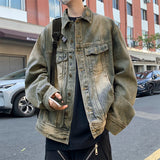 Wiaofellas - American Retro Distressed Shoulder Pad Denim Jacket Spring Autumn Men's Causal Loose Handsome Workwear Jackets Top Male Clothes