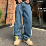 WIAOFELLAS  -  Cotton Denim Pants Male Side Stripe Patchworks Baggy Trousers Men's Vintage Blue Street Wear