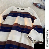 Wiaofellas  -  Japanese Striped Short-sleeved T-shirt Men's Summer Retro Loose Casual Five-point Half-sleeved Shirt