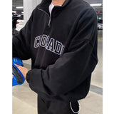 WIAOFELLAS  -  Men Trend American Vintage Letter Print Polo Collar Half Zipper Sweatshirt Casual Streetwear Y2K Long Sleeve Loose Pullover Tops