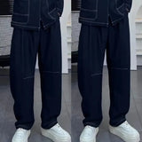 WIAOFELLAS  -  Mens Denim Pants Streetwear Trendy seam Lines Design Casual Wide-leg Jeans Drape Solid Fashion Versatile Summer Baggy Trousers