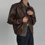 Wiaofellas  -  Vintage PU Leather Jackets Men Autumn Fashionable Solid Color Lapel Zip-up Leather Coats Men Stylish Loose Long Sleeve PU Jacket